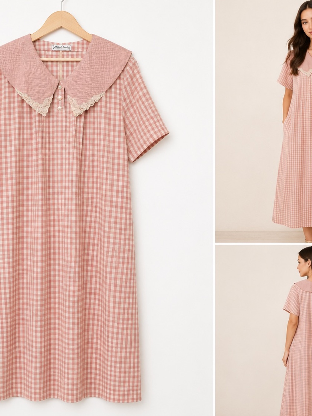 Vintage-Inspired Pink Gingham Midi Dress with Peter Pan Collar